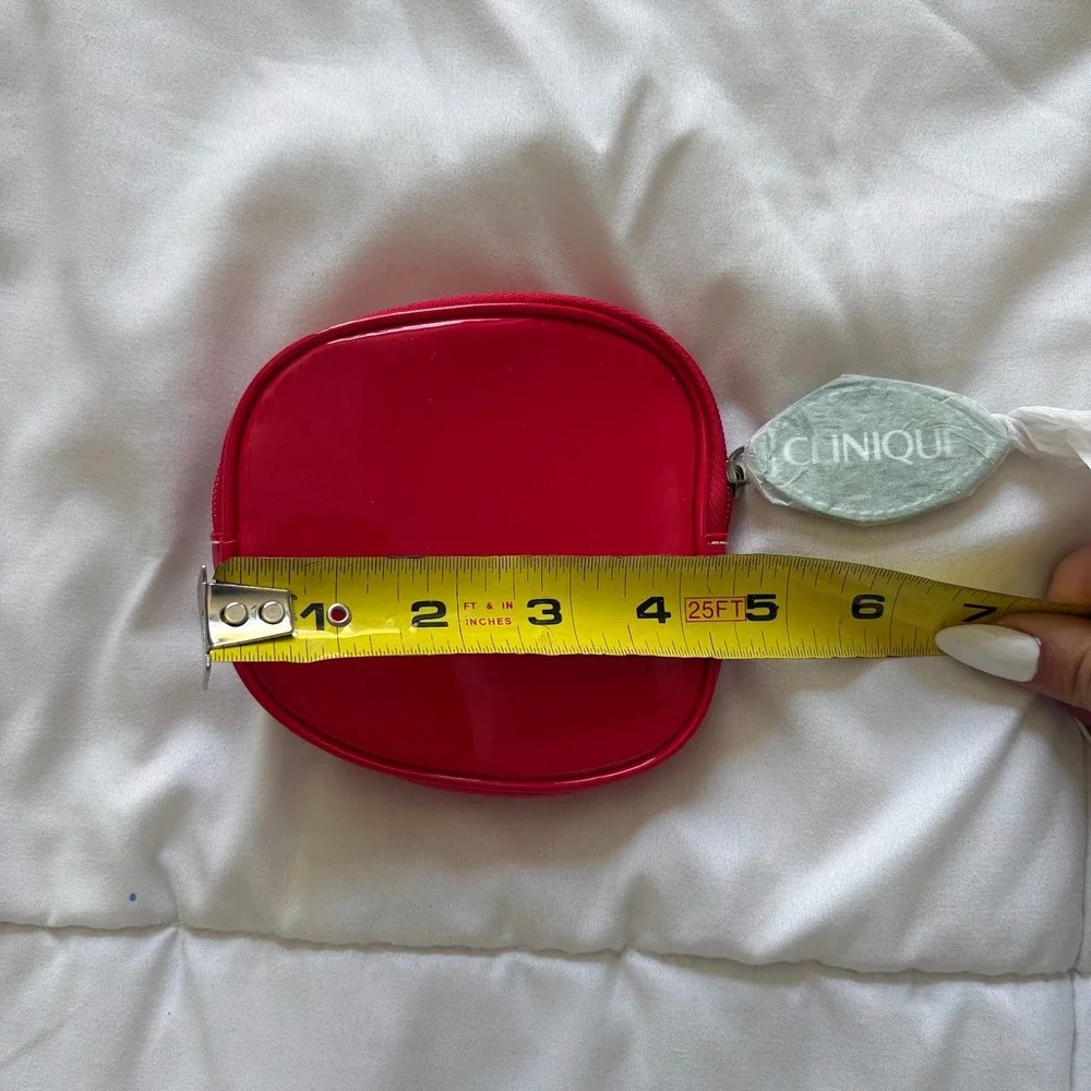 NEW Clinique Red Patent Small Round Cosmetic Makeup Bag Travel Pouch Luxury